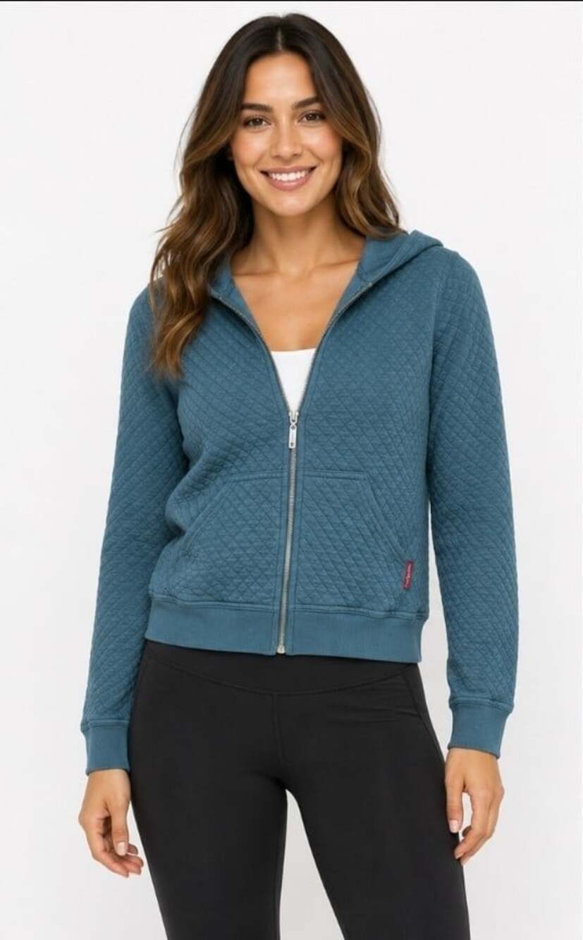 Hard Tail Forever Quilted Zip Up Hoodie Womens Sz M Teal Diamond Texture New T90